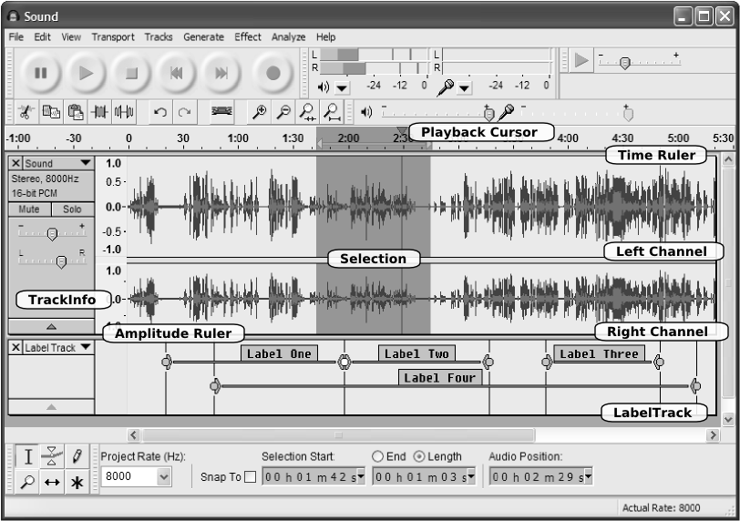 واجهة Audacity مع تحديد عناصر لوحة المسارات