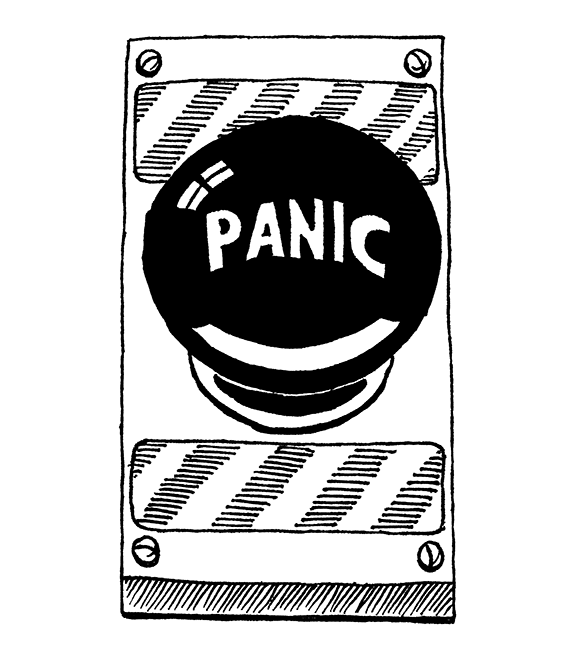 زر كبير لامع مكتوب عليه 'PANIC'.