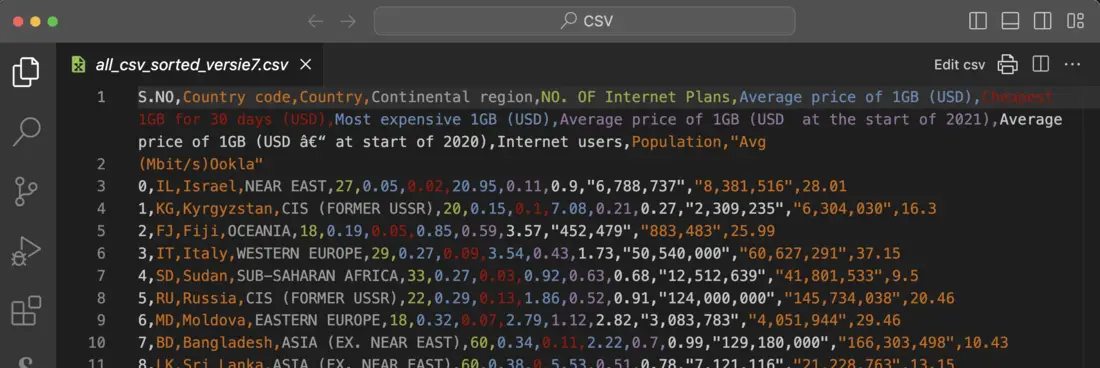 ملف CSV مع التلوين بألوان قوس قزح