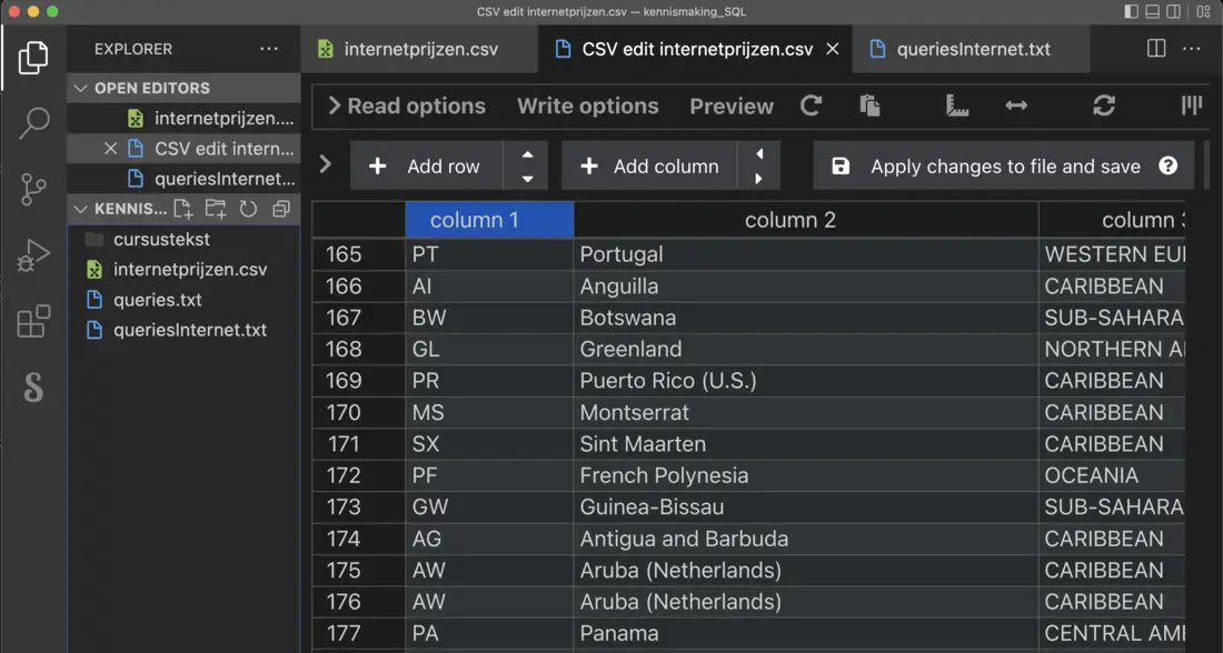 هكذا يبدو ملف CSV بعد تثبيت إضافة Edit CSV في VS Code
