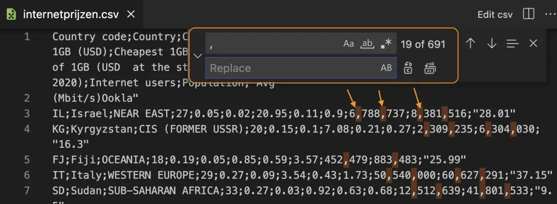 البحث والاستبدال في VSCode.