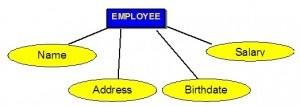 صورة توضيحية من الكتاب: One blue rectangle with the word EMPLOYEE. This is connected with a line to four separate yellow ovals. Each has a different word inside it: Name, Address, Birthdate, Salary.