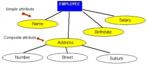 صورة توضيحية من الكتاب: Blue rectangle with the word EMPLOYEE. Under this are four yellow ovals with the words Name, Address, Birthdate, Salary. There are lines between the rectangle and yellow ovals. Under the Address oval are three white ovals with the words Number, Street, Suburb.