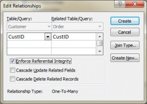 لقطة لنافذة Edit Relationships في MS Access