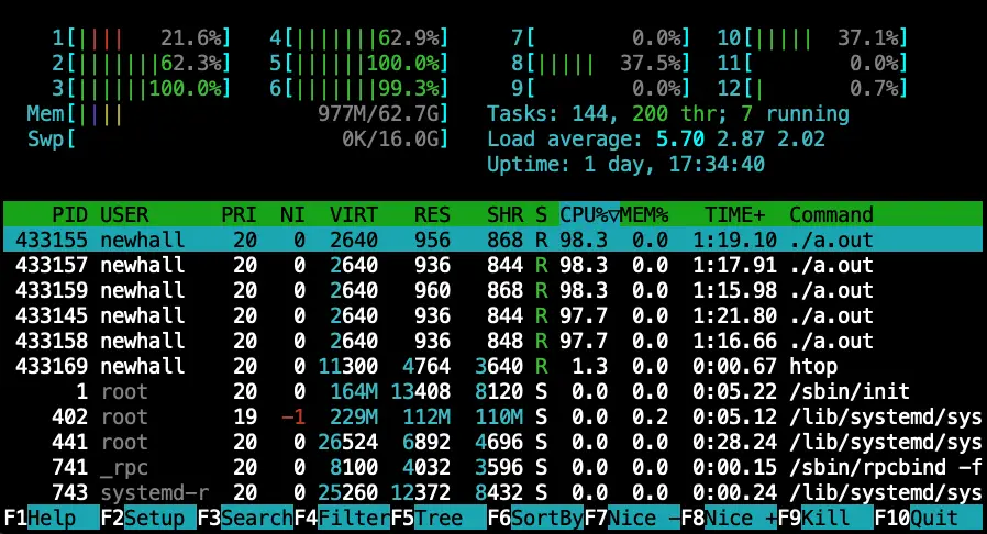 مخرجات نموذجية من htop تُظهر الاستخدام الحالي للنوى الـ12 من المعالج، واستخدام الذاكرة، ومعلومات عن العمليات الأعلى استهلاكاً للمعالج.