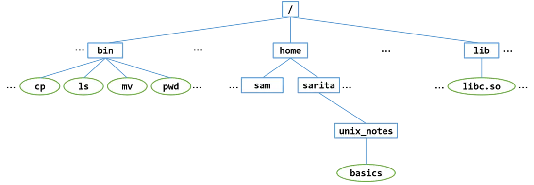 نظام ملفات Unix بالدليل الجذر في الأعلى، مع أدلة فرعية نموذجية هي bin وhome وlib، ودليلَين فرعيَّين نموذجيَّين تحت home هما sam وsarita.