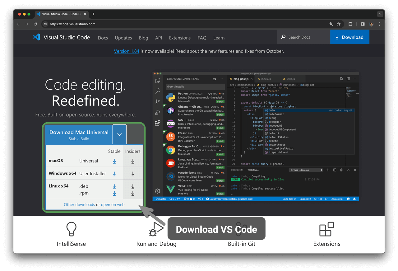 تنزيل VS Code من الموقع الرسمي