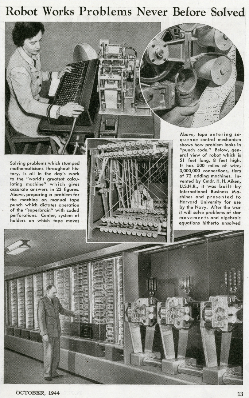 مقال صادر عام 1944 في مجلة Popular Mechanics عن حاسوب هارفارد Mark I.