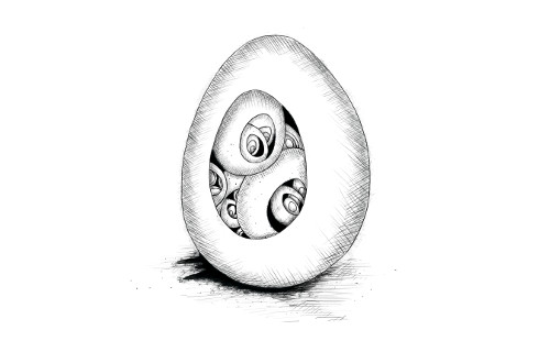 رسم توضيحي يُظهر بيضة بها ثقوب، بداخلها بيضات أصغر، وفي داخلها بيضات أصغر منها، وهكذا