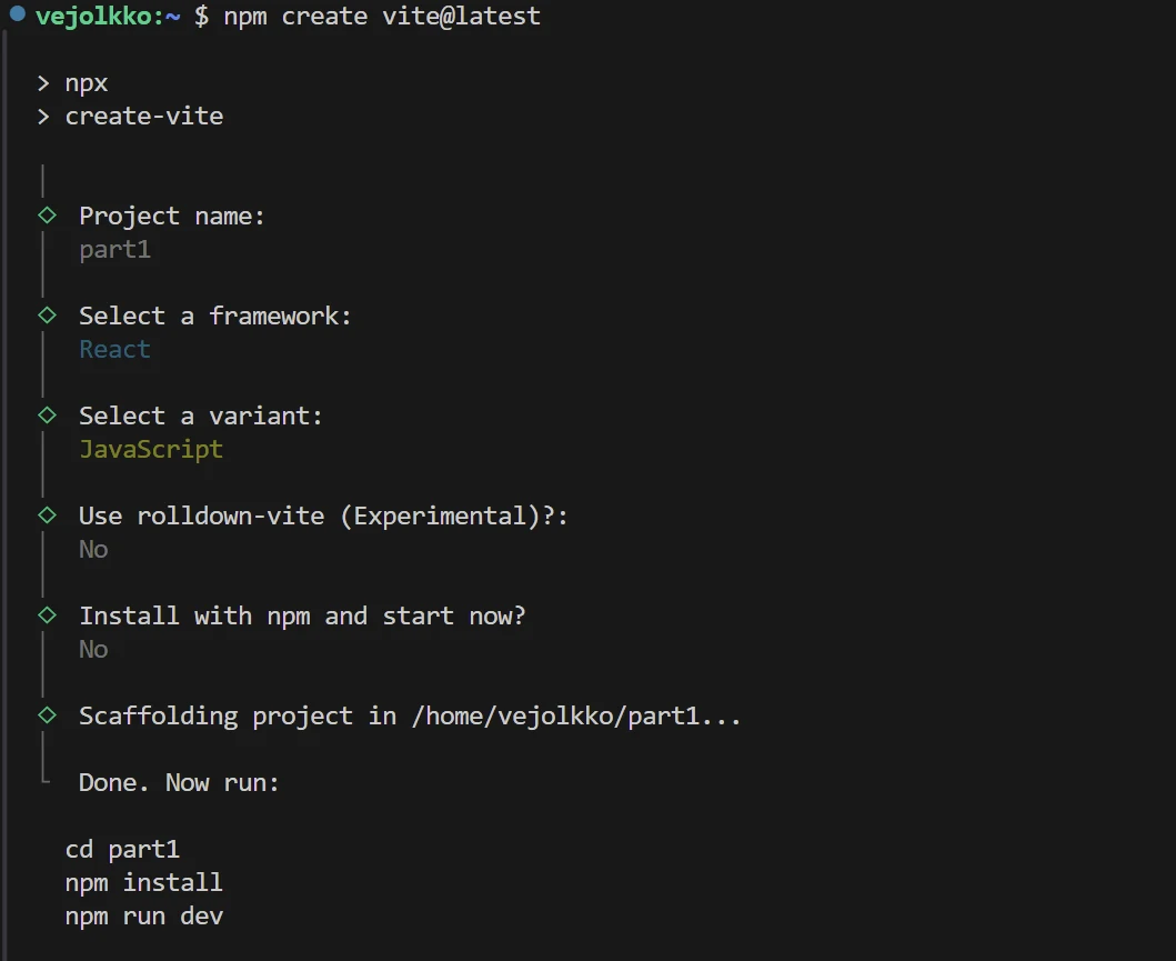 عرض اختيارات أداة create-vite، حيث يُسمّى المشروع part1، وإطار العمل React، والصيغة JavaScript، وتُجاب جميع الأسئلة الأخرى بـ No