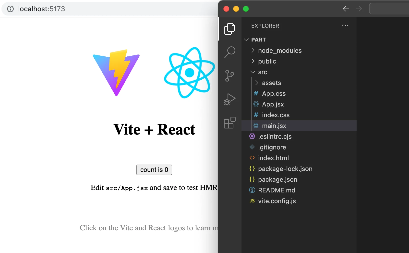 لقطة شاشة لصفحة vite الأولية وبنية الملفات في vs code