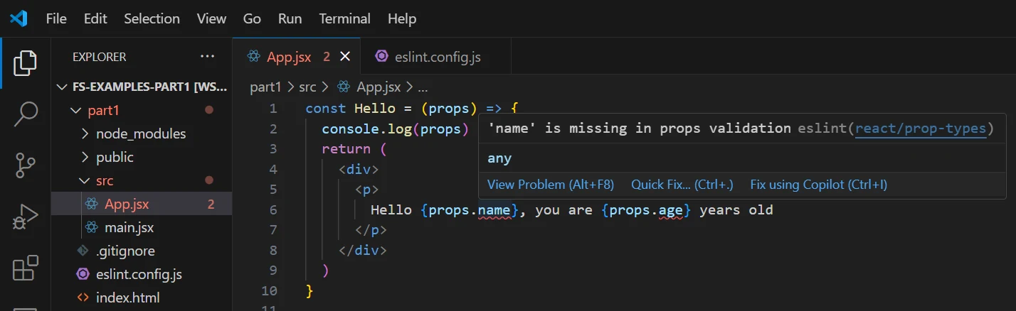 لقطة شاشة لـ vs code تعرض خطأ eslint: "name is missing in props validation"