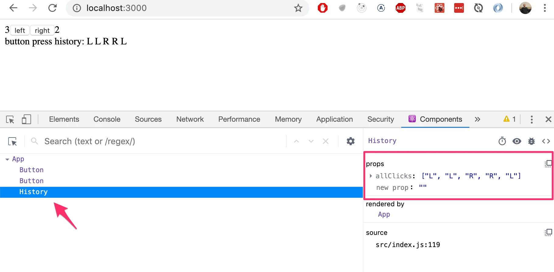لقطة شاشة لامتداد React developer tools