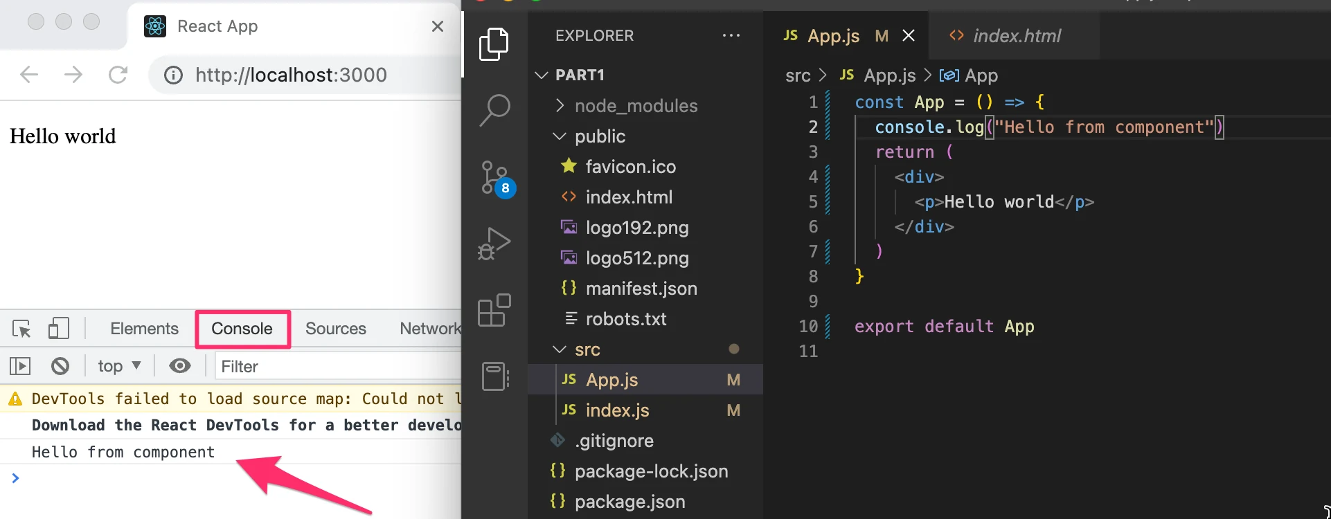 وحدة تحكم المتصفح تعرض console log مع سهم يشير إلى "Hello from component"