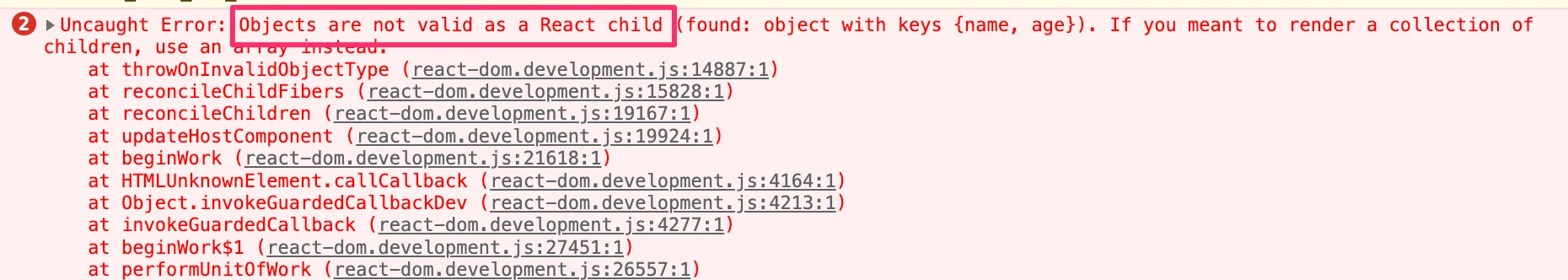 devtools تعرض خطأ مع إبراز حول "Objects are not valid as a React child"