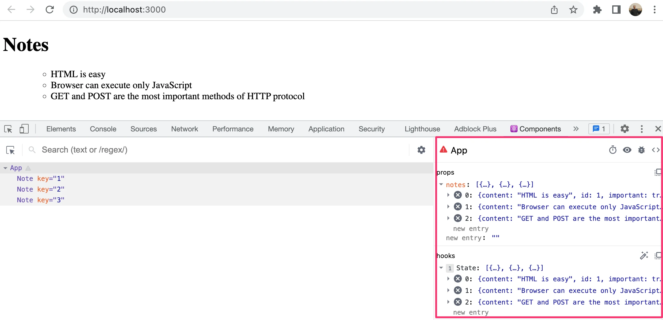 المتصفح يعرض نافذة React developer tools