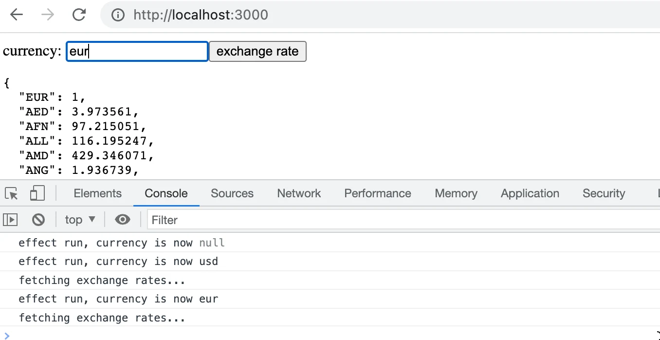 المتصفح يعرض أسعار صرف العملات مع كتابة eur ووحدة التحكم تقول fetching exchange rates