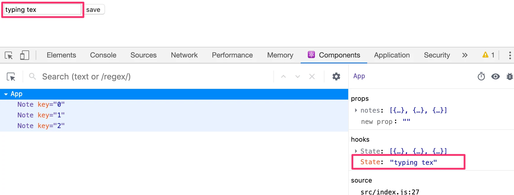 تغييرات الحالة في React devtools تُظهر الكتابة أيضاً