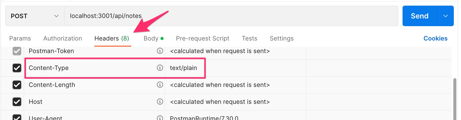 Postman يظهر الترويسات وcontent-type كـ text/plain
