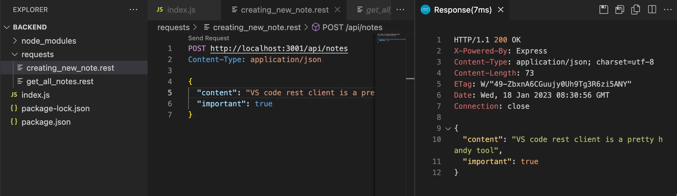 نموذج طلب post في VS Code مع بيانات JSON