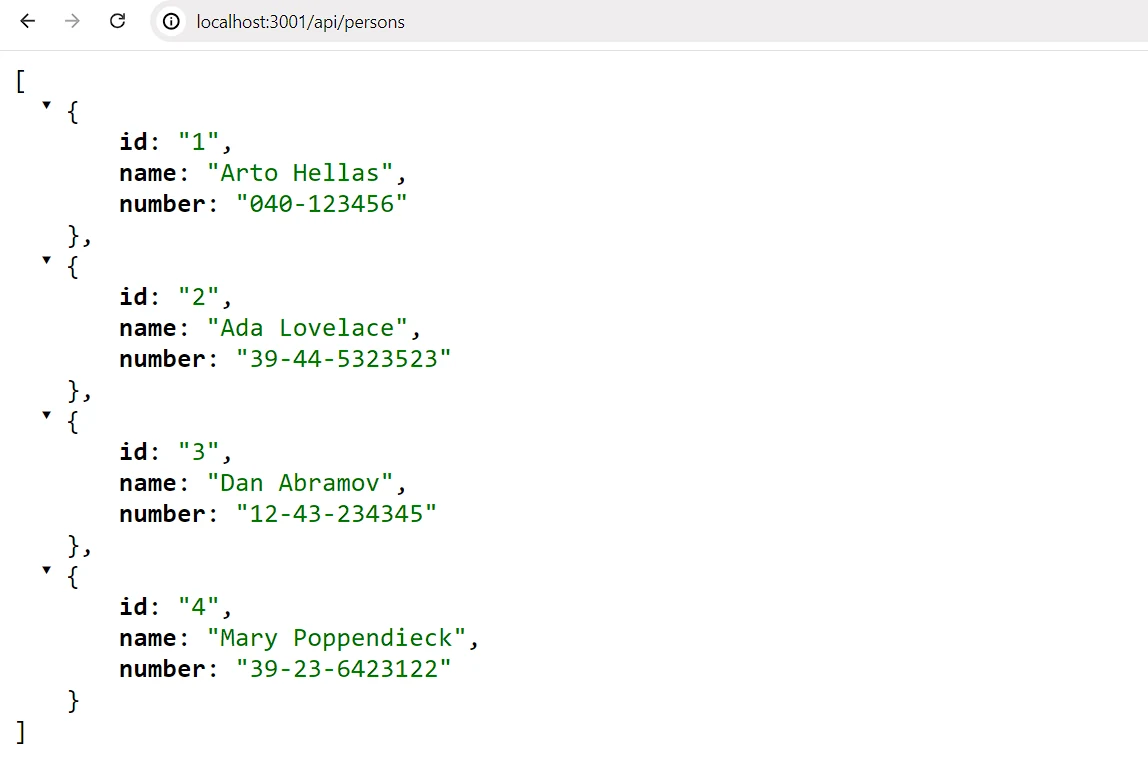 بيانات JSON لأربعة أشخاص في المتصفح من api/persons