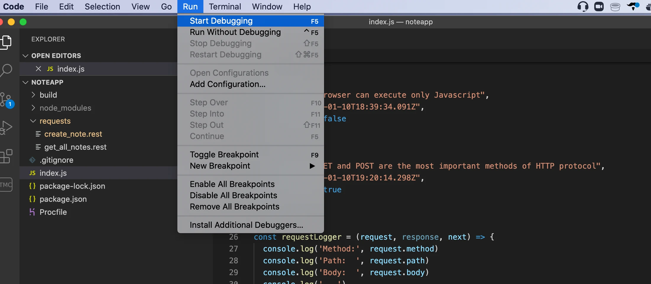 لقطة شاشة توضح كيفية تشغيل مصحّح الأخطاء في vscode