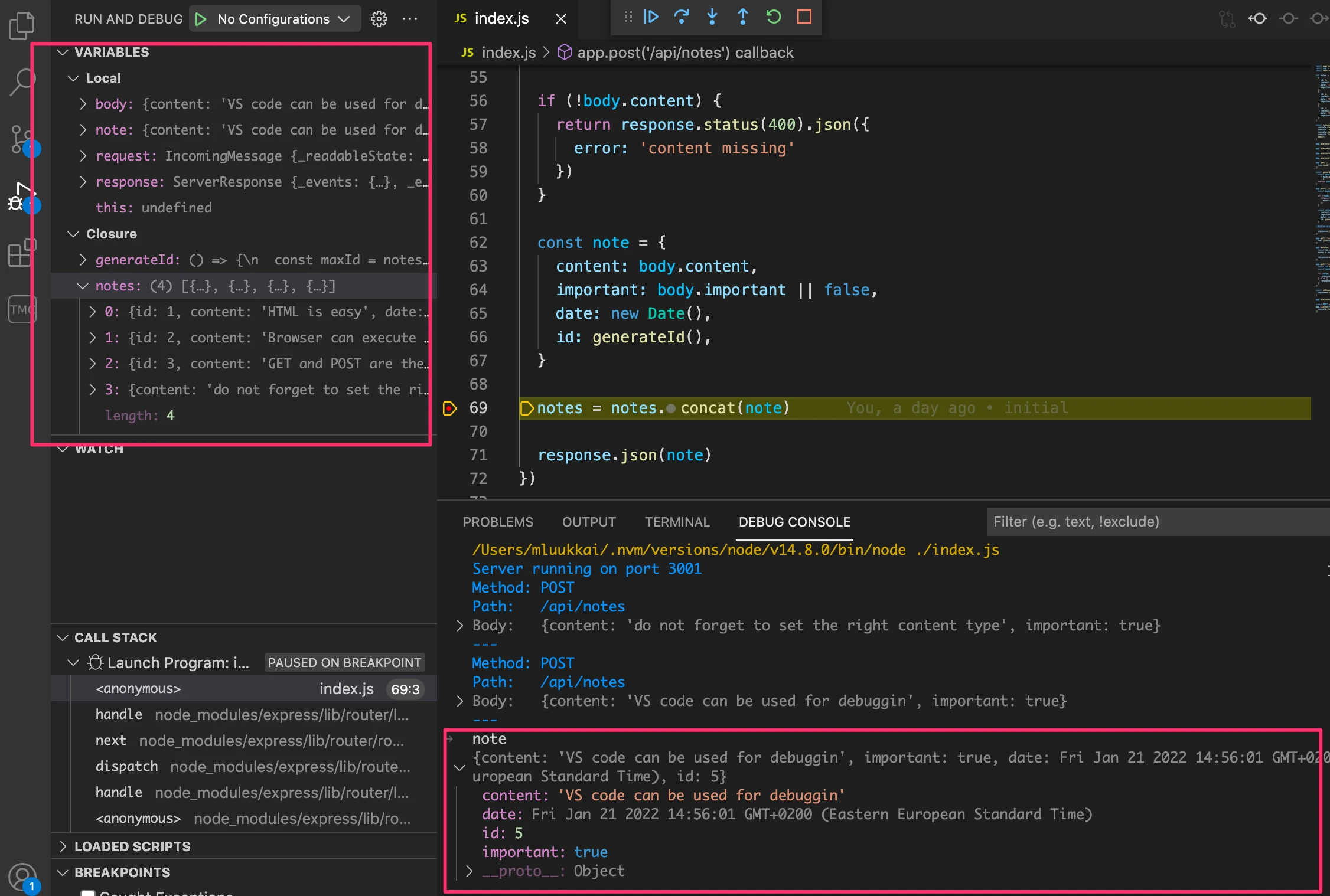 لقطة شاشة vscode للتنفيذ عند نقطة توقف