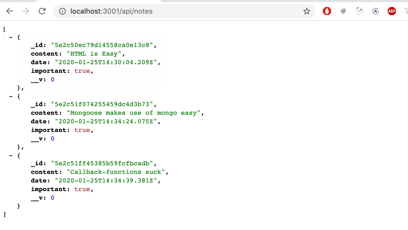 api/notes في المتصفح يعرض الملاحظات بصيغة JSON