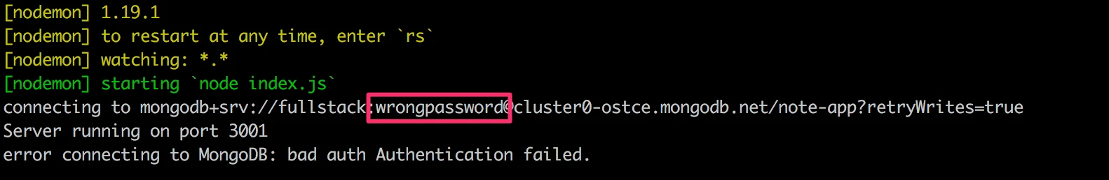 مخرجات node عند اسم مستخدم أو كلمة مرور خاطئين