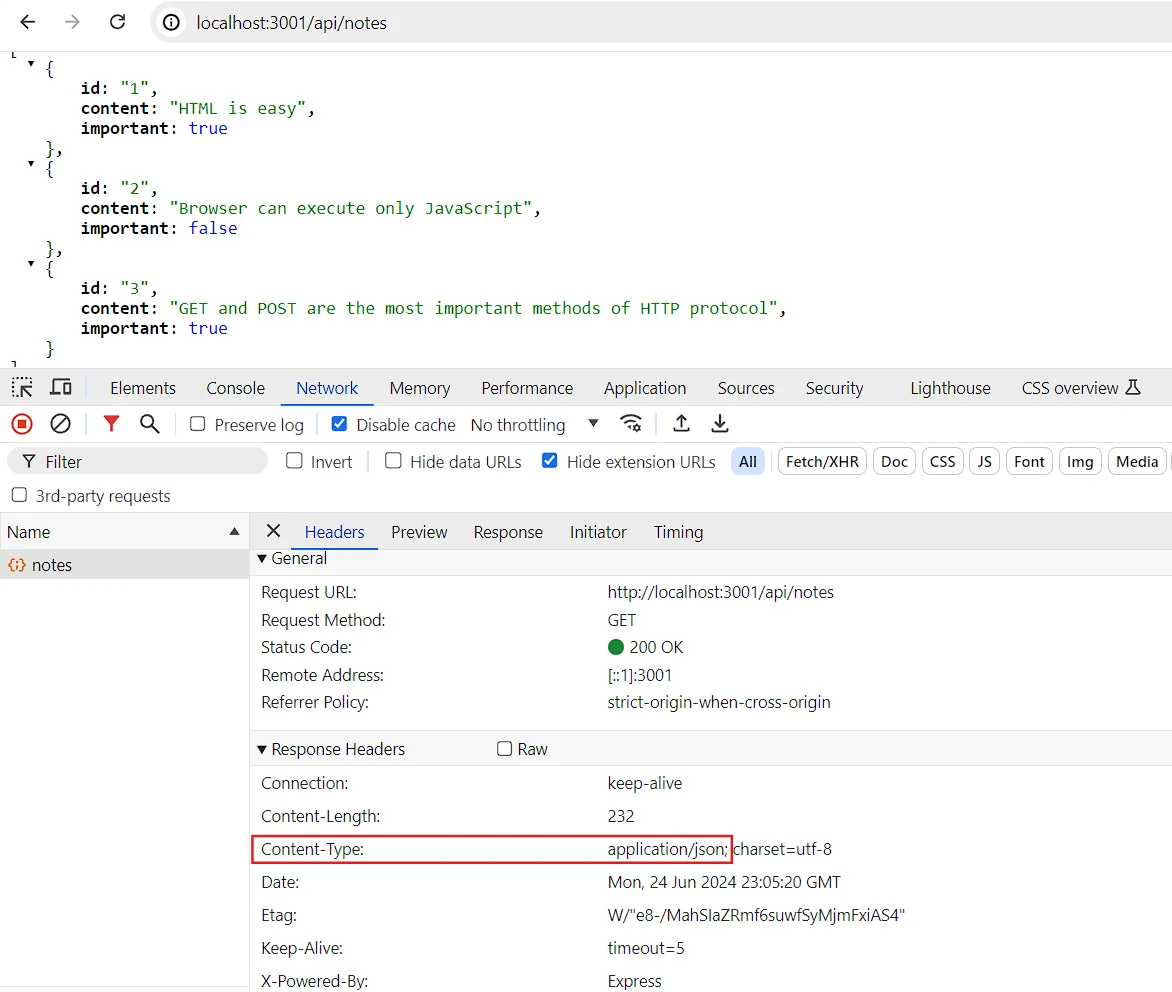 api/notes تعيد بيانات JSON المنسقة مرة أخرى
