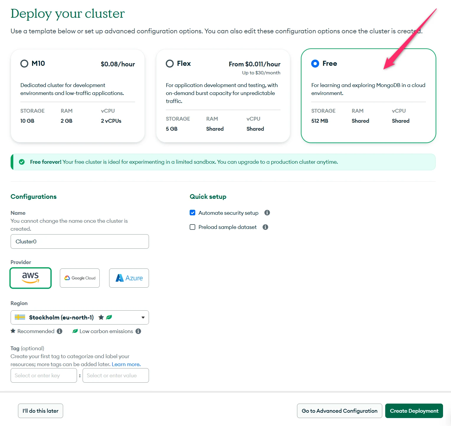 mongodb اختيار shared وAWS والمنطقة