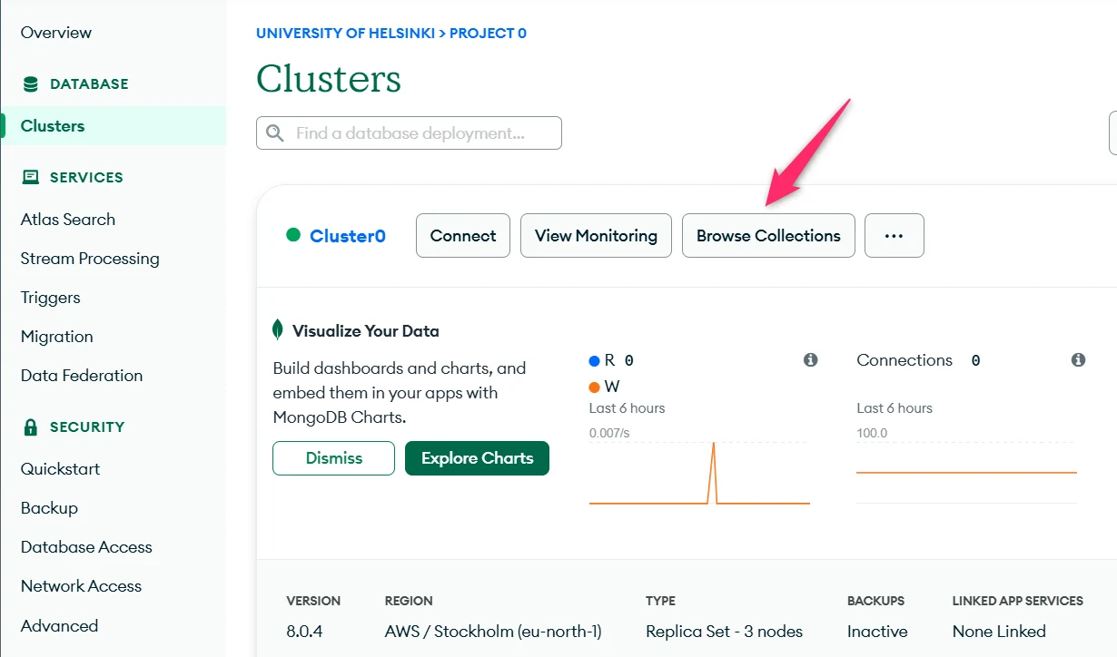 زر browse collections في قواعد بيانات mongodb
