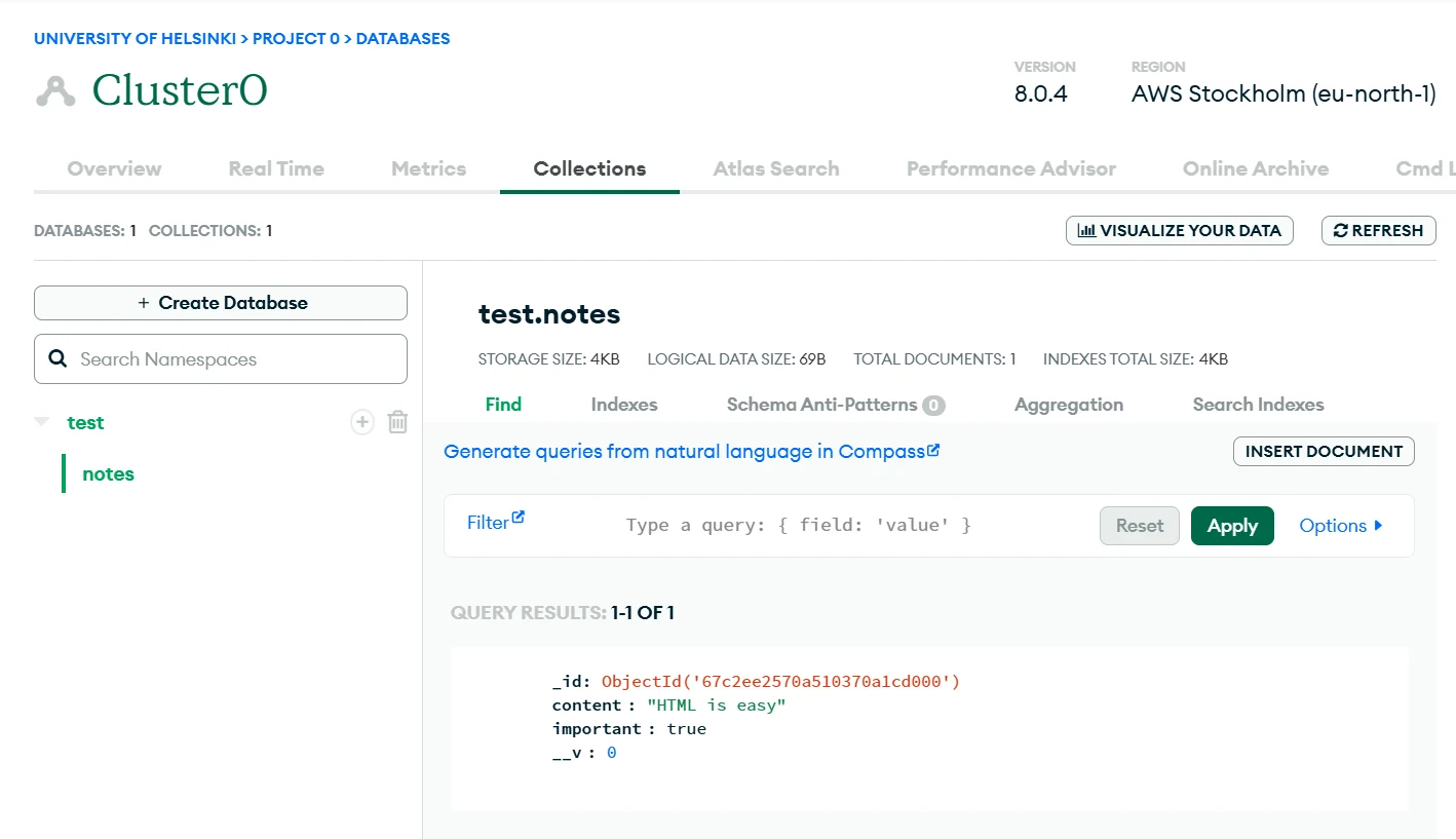 تبويب collections في mongodb مع قاعدة myFirstDatabase ومجموعة notes