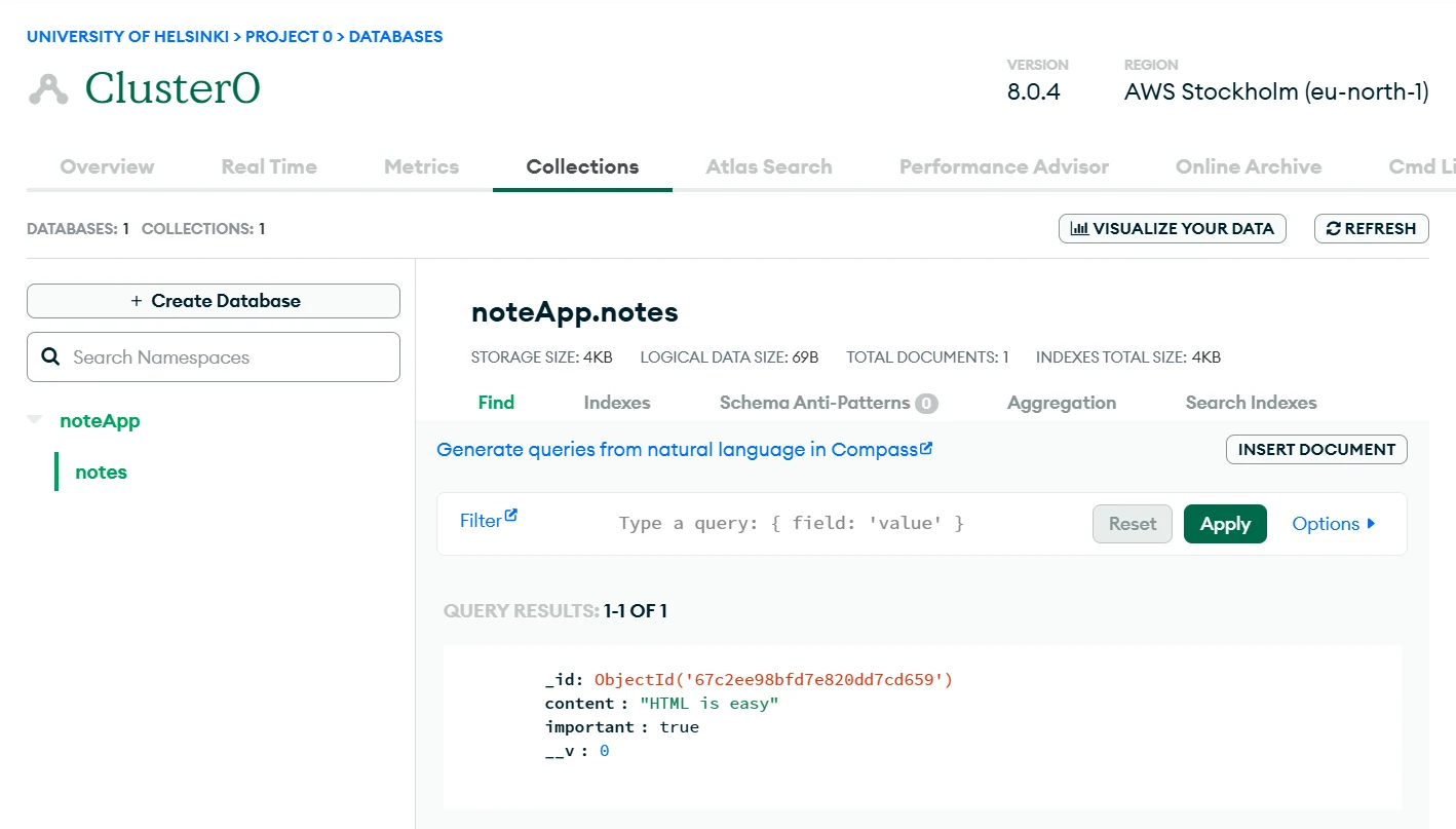 تبويب collections في mongodb مع noteApp وnotes