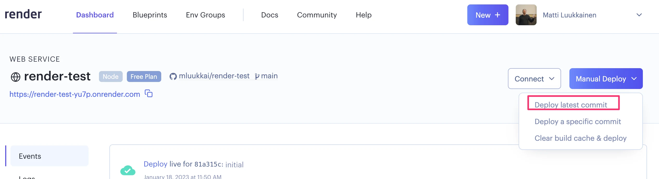 قائمة مع إبراز خيار نشر أحدث commit