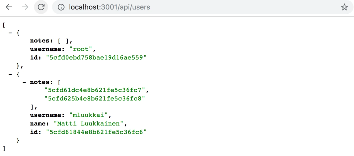api/users يعيد JSON يحتوي المستخدمين ومصفوفة ملاحظاتهم