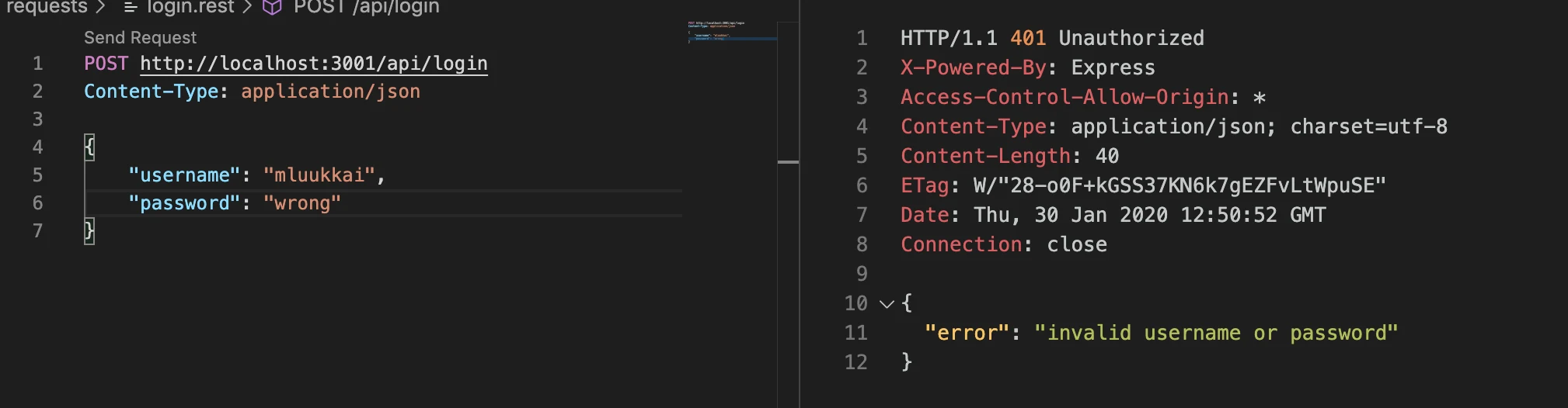 استجابة REST من VS Code لبيانات تسجيل دخول غير صحيحة