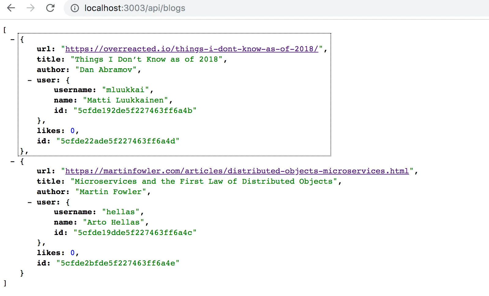api/blogs يدمج معلومات المستخدم المنشئ في بيانات JSON