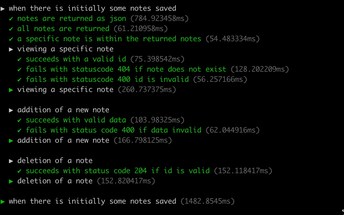 مخرجات node:test تُظهر كتل describe المجمّعة