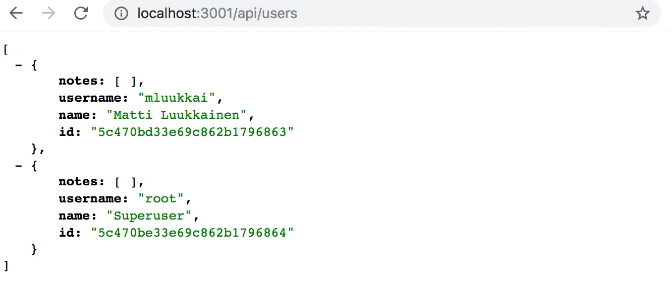 واجهة المتصفح api/users تعرض بيانات JSON مع مصفوفة notes