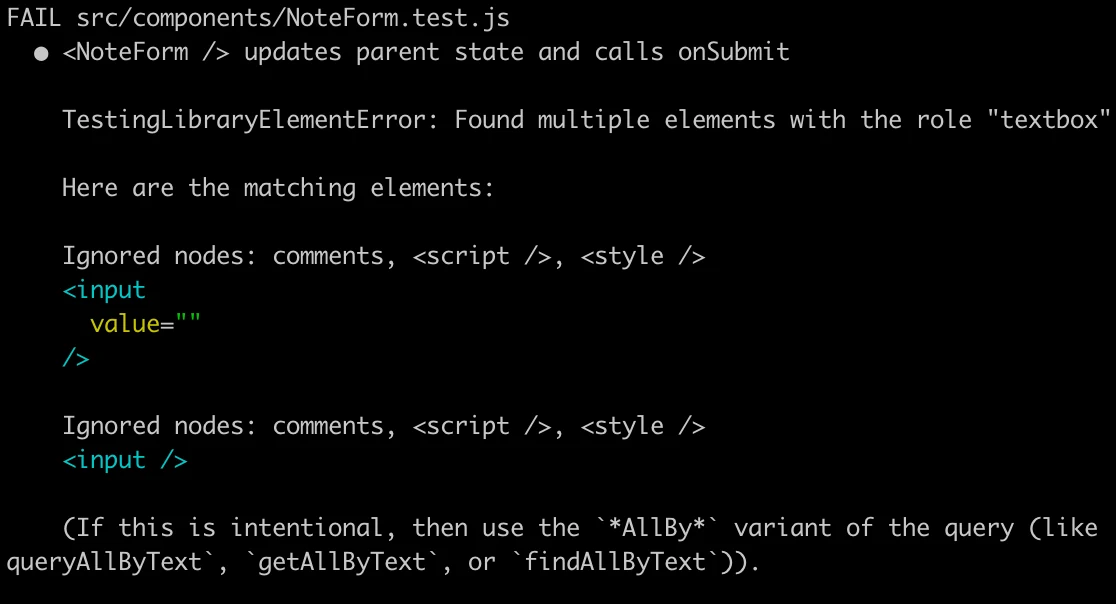 خطأ node يُظهر عنصرين مع textbox لأننا نستخدم getByRole