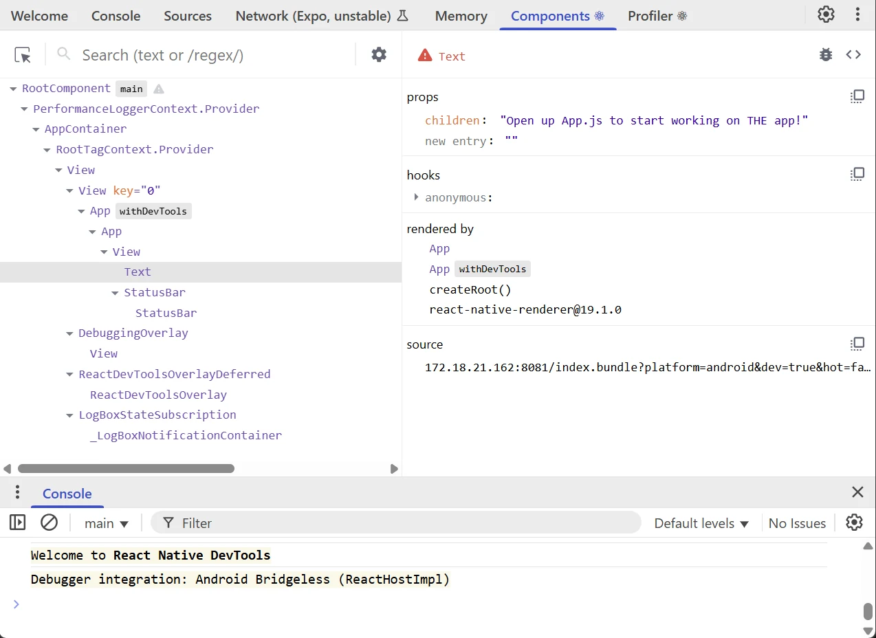 عرض React Native DevTools