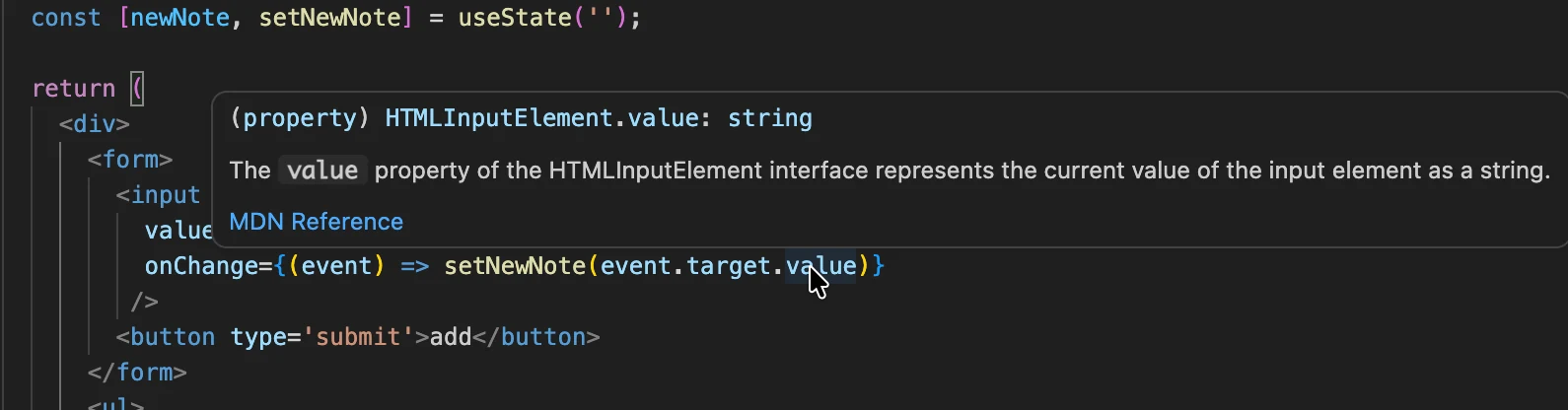 يُظهر VS Code أن event.target.value نص