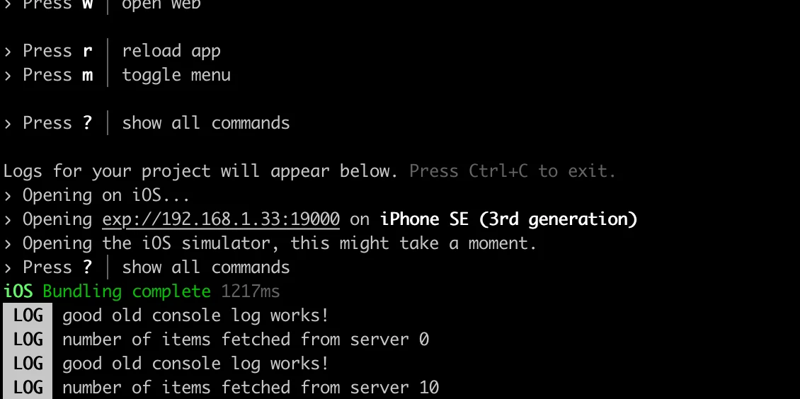 تظهر رسائل console log في سطر أوامر Expo CLI