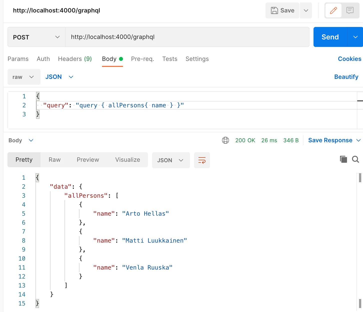 Postman يعرض localhost:4000 graphql مع استعلام allPersons