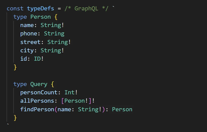 يستخدم VS Code إبراز الصيغة لمخطط GraphQL عند إضافة التعليق /* GraphQL */ قبل نص القالب