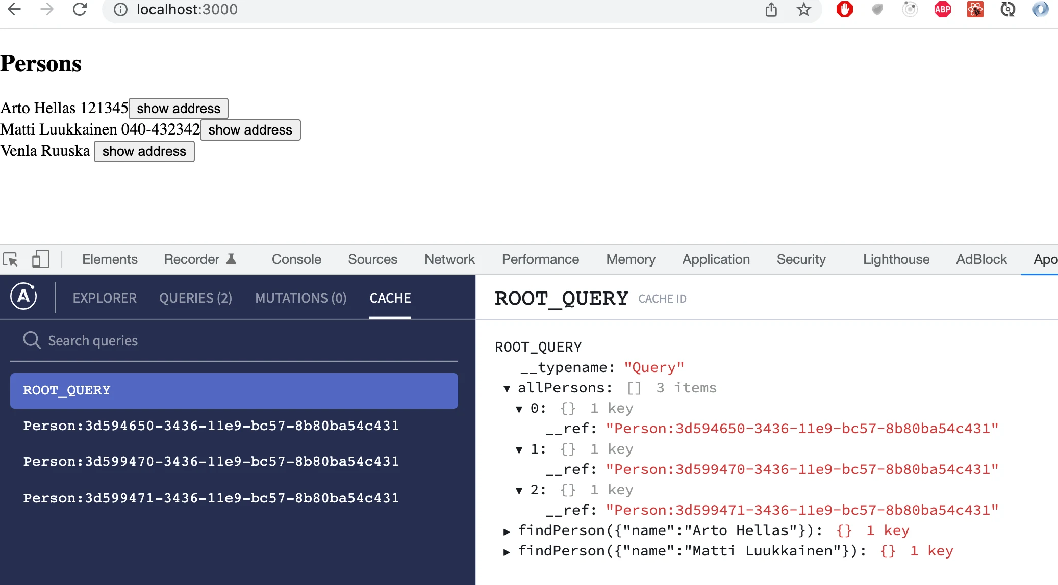 أدوات مطوري Apollo تعرض root_query allPersons