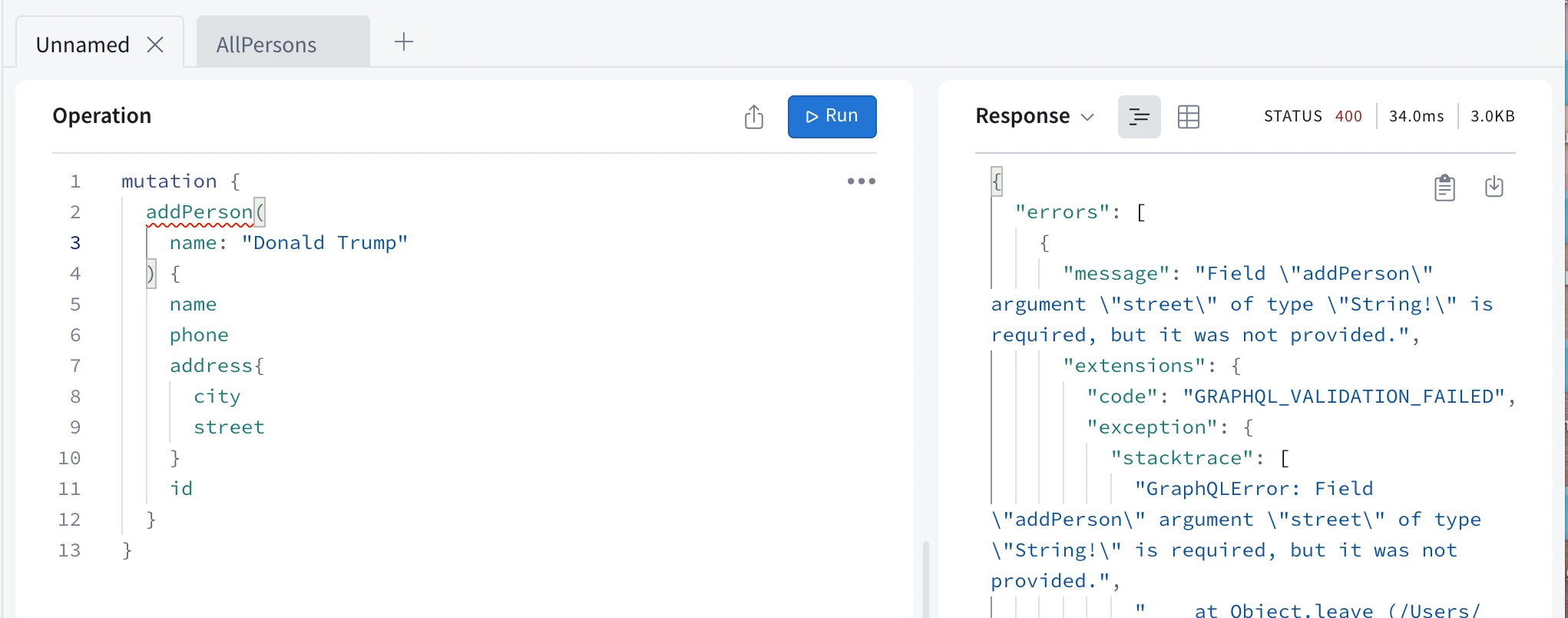 يعرض Apollo خطأً مع addPerson GRAPHQL VALIDATION FAILED
