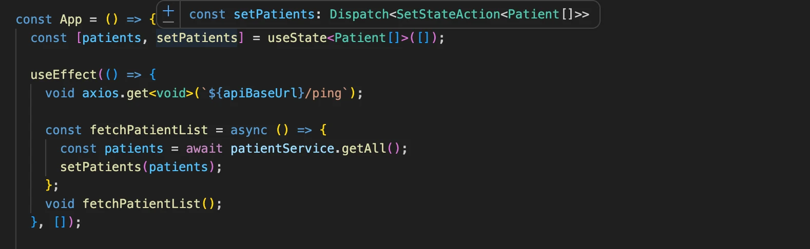 يوضّح VS Code نوع setPatients